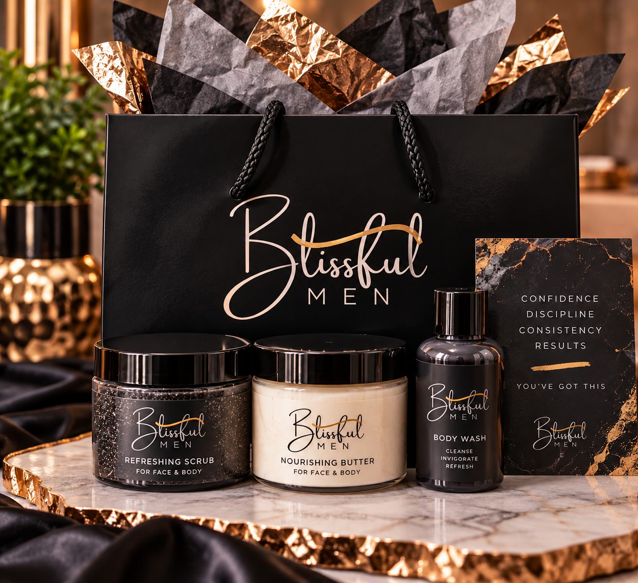 Blissful Men Boss Bag men's mini body care set with affirmation card; no lip gloss