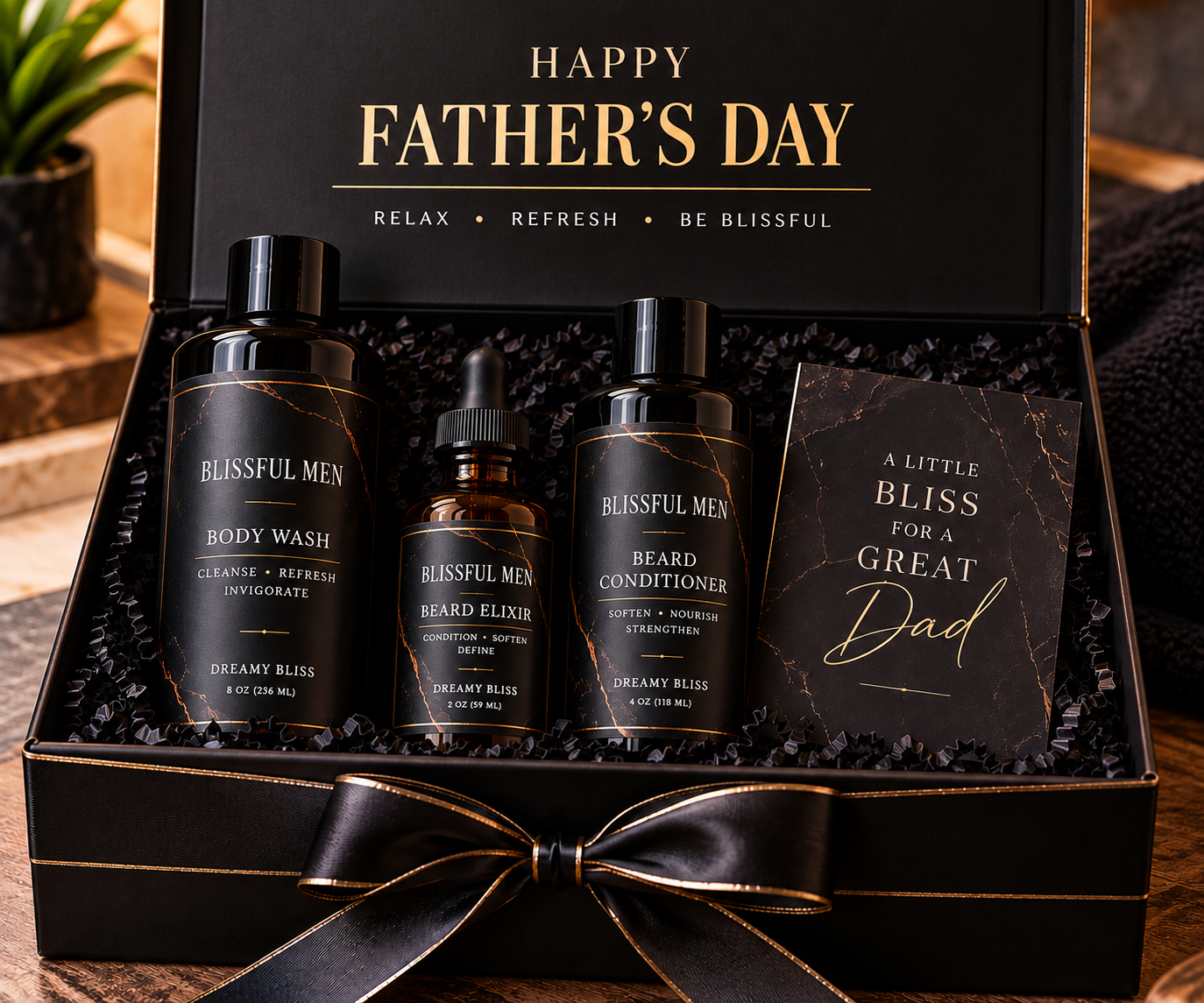 Father's Day Bliss Gift Set concept: 8 oz Body Wash, 2 oz Beard Elixir, 4 oz Beard Conditioner, and greeting card