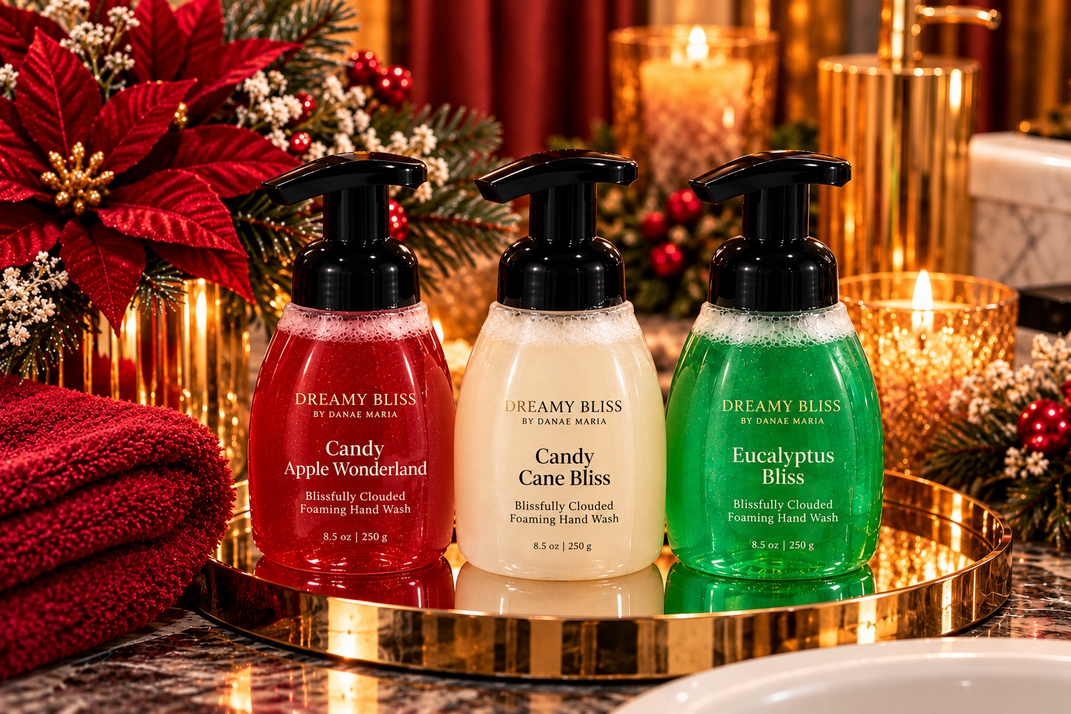 Blissfully Clouded Foaming Hand Wash in Candy Apple Wonderland, Candy Cane Bliss, and Eucalyptus Bliss