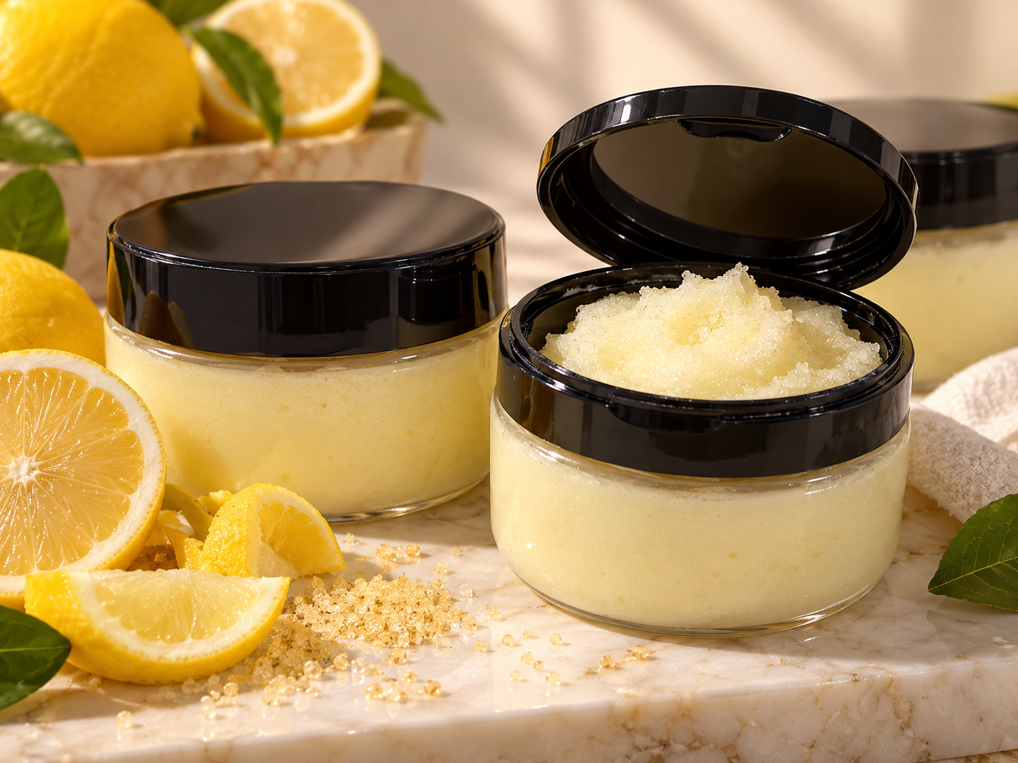 Luminous Lemon emulsified sugar scrub in unlabeled clear jars with glossy black flip-top lids, one open