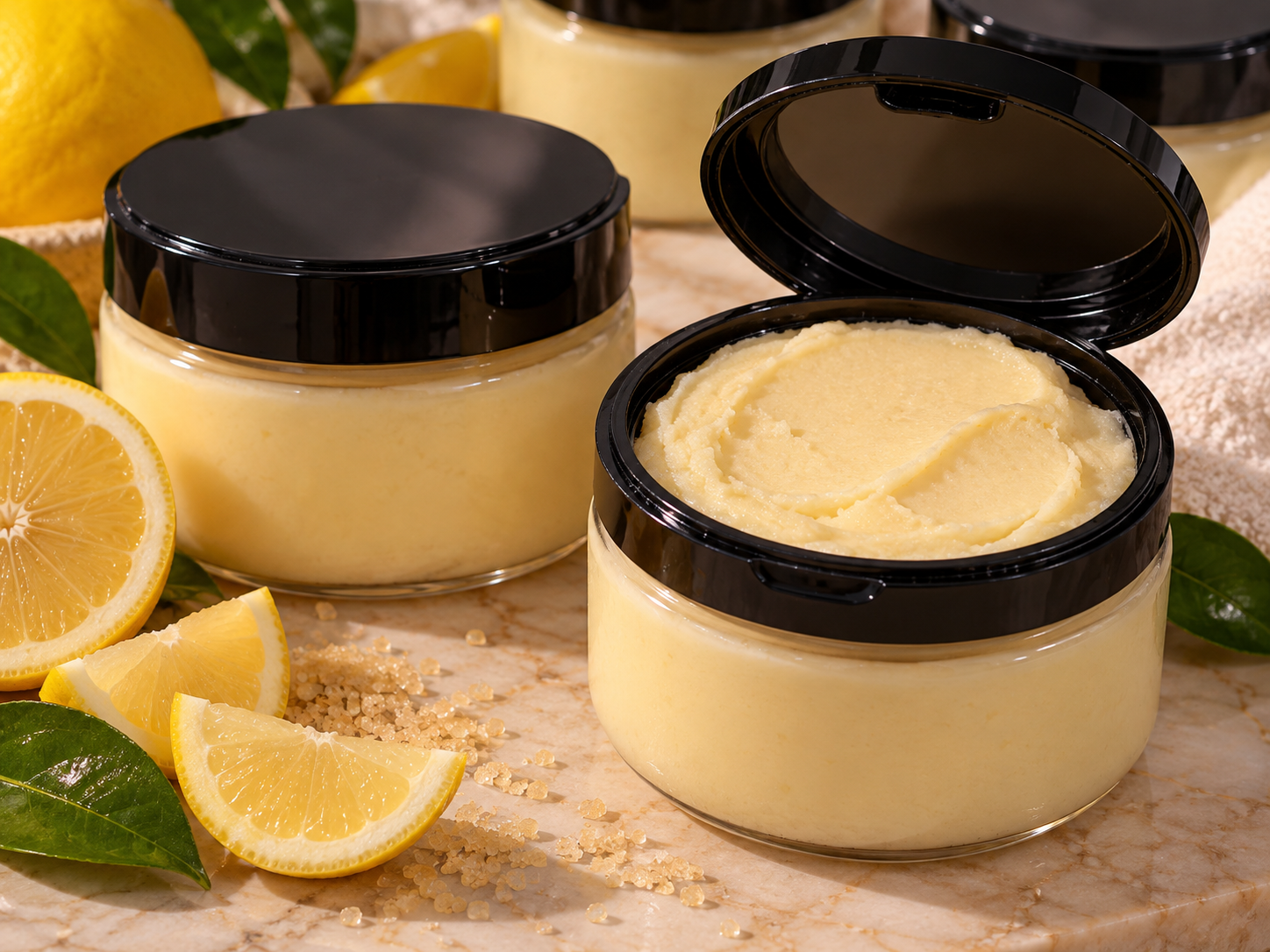 Luminous Lemon emulsified sugar scrub with smooth creamy texture in unlabeled clear flip-top jars