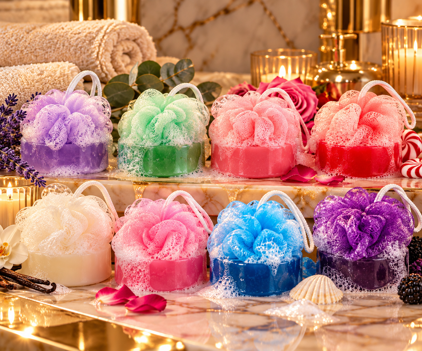 Blissfully Puffed soap puffs in eight scent colors