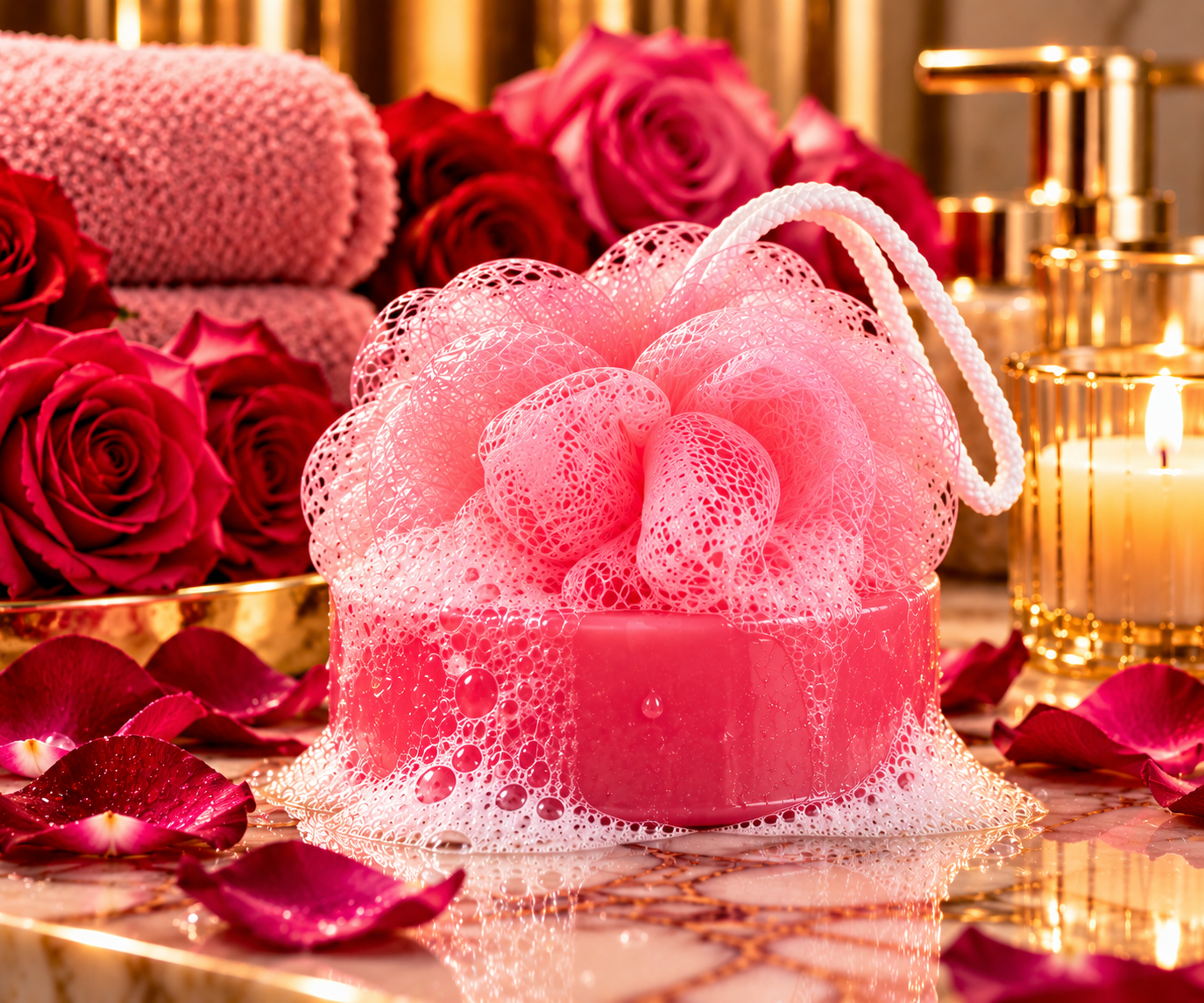 Twilight Rose Embrace Blissfully Puffed rose pink soap puff