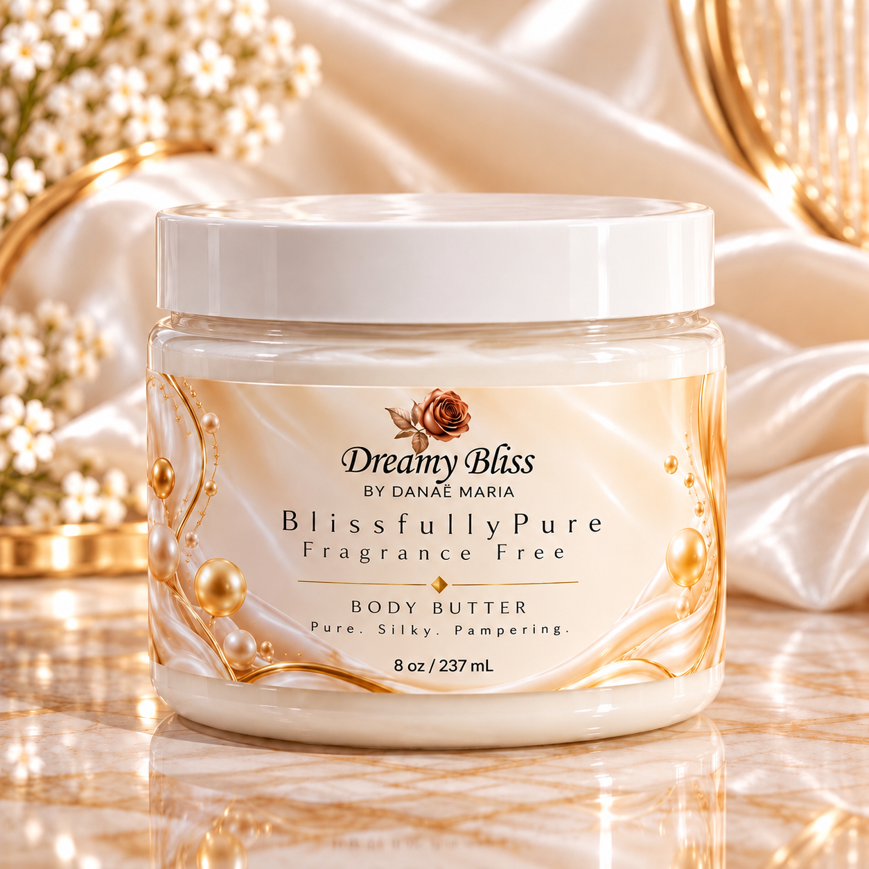 Blissfully Pure fragrance-free body butter with Pure Silky Pampering label