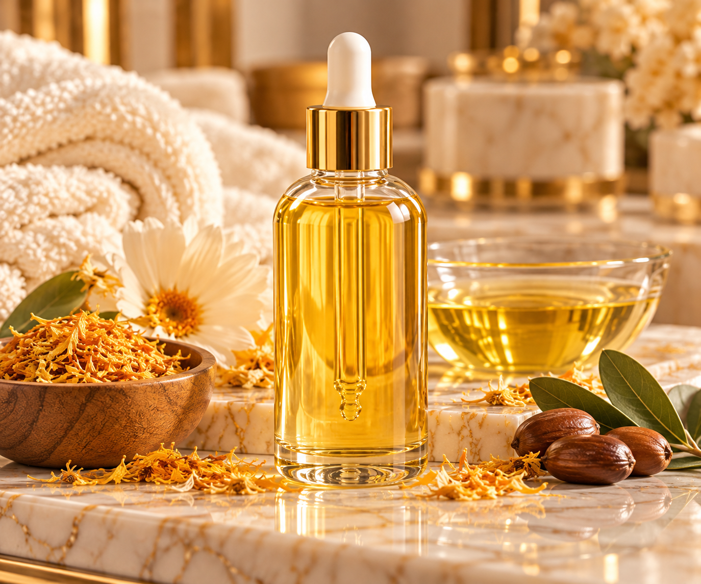 Blissfully Pure fragrance-free body and massage oil in a clear bottle with gold dropper, styled with calendula and ivory marble