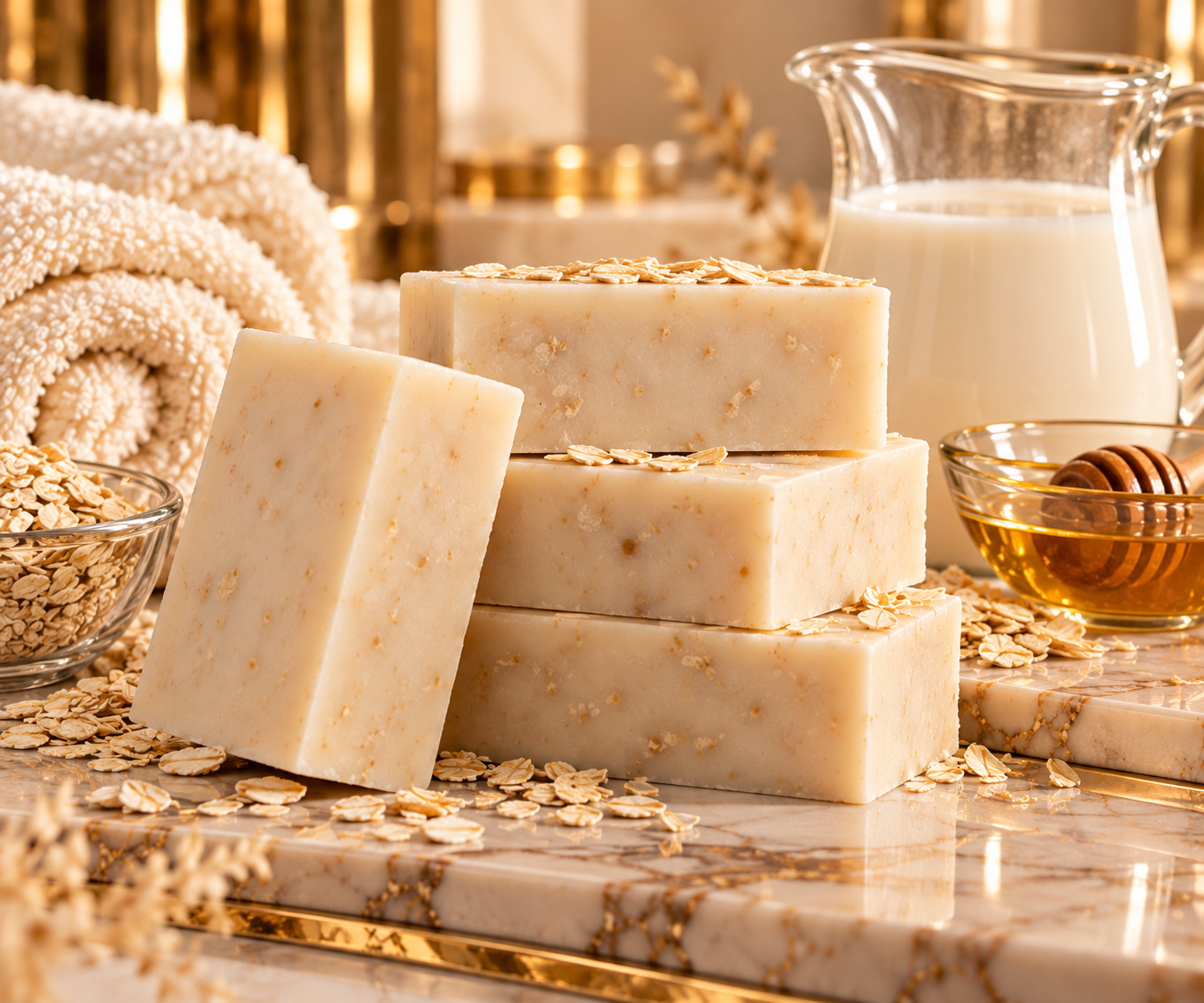 Blissfully Pure fragrance-free ivory bar soap with oats in a cream and gold luxury spa setting