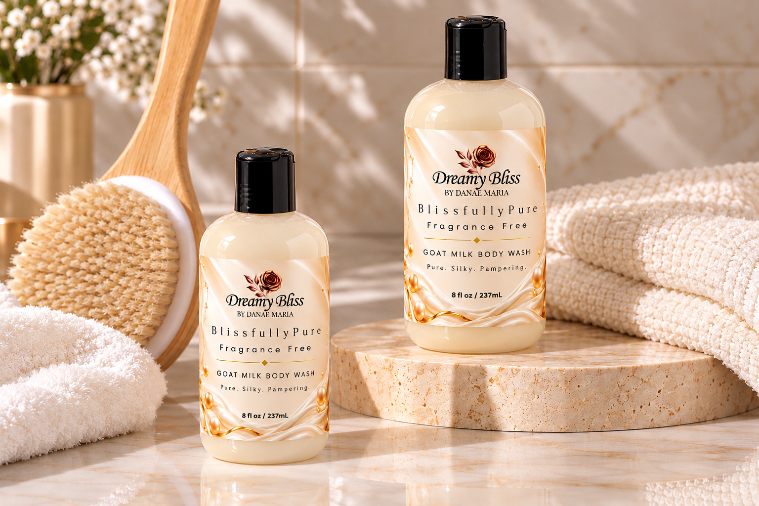 Blissfully Pure Goat Milk Body Wash bottles with Pure Silky Pampering labels