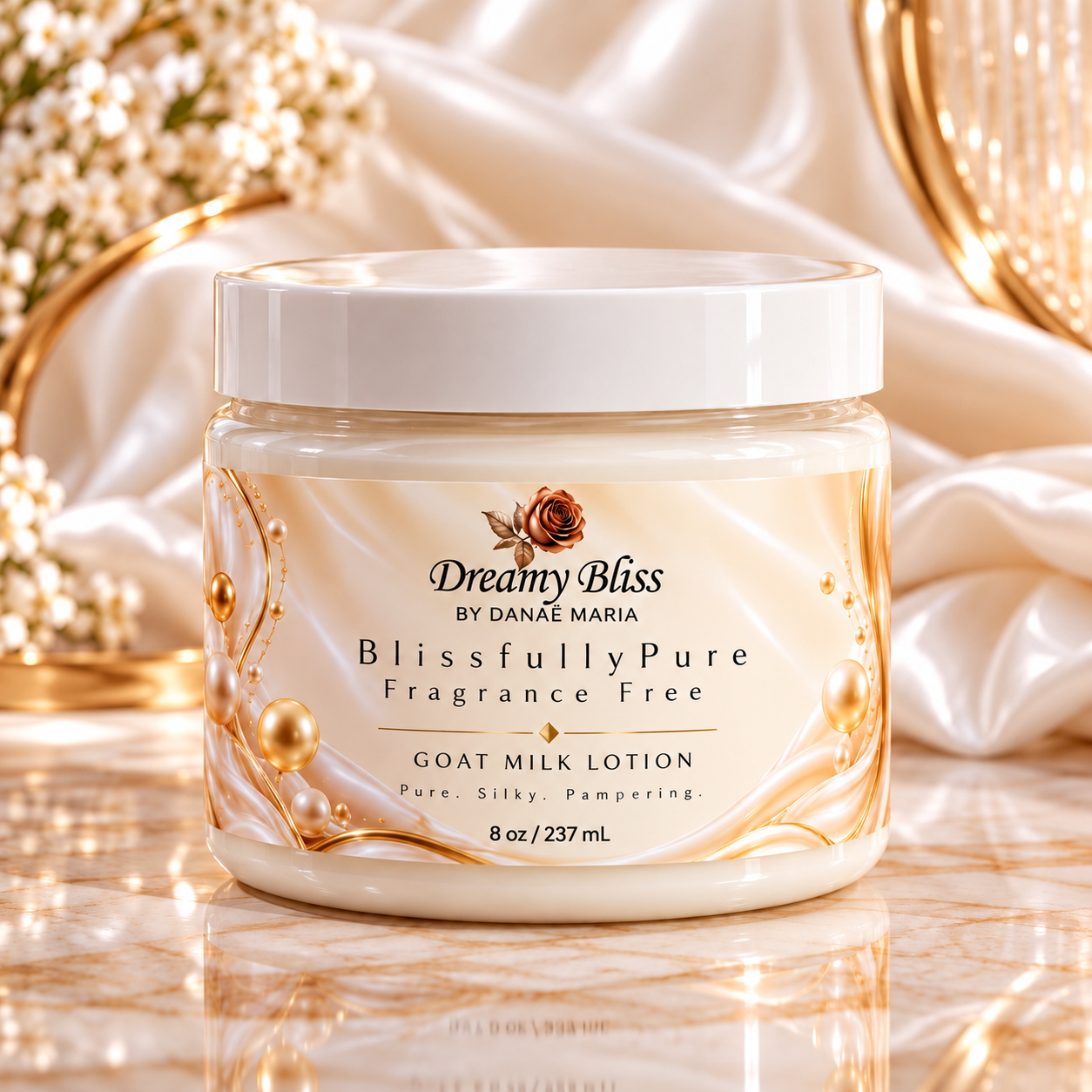 Blissfully Pure fragrance-free goat milk lotion with Pure Silky Pampering label