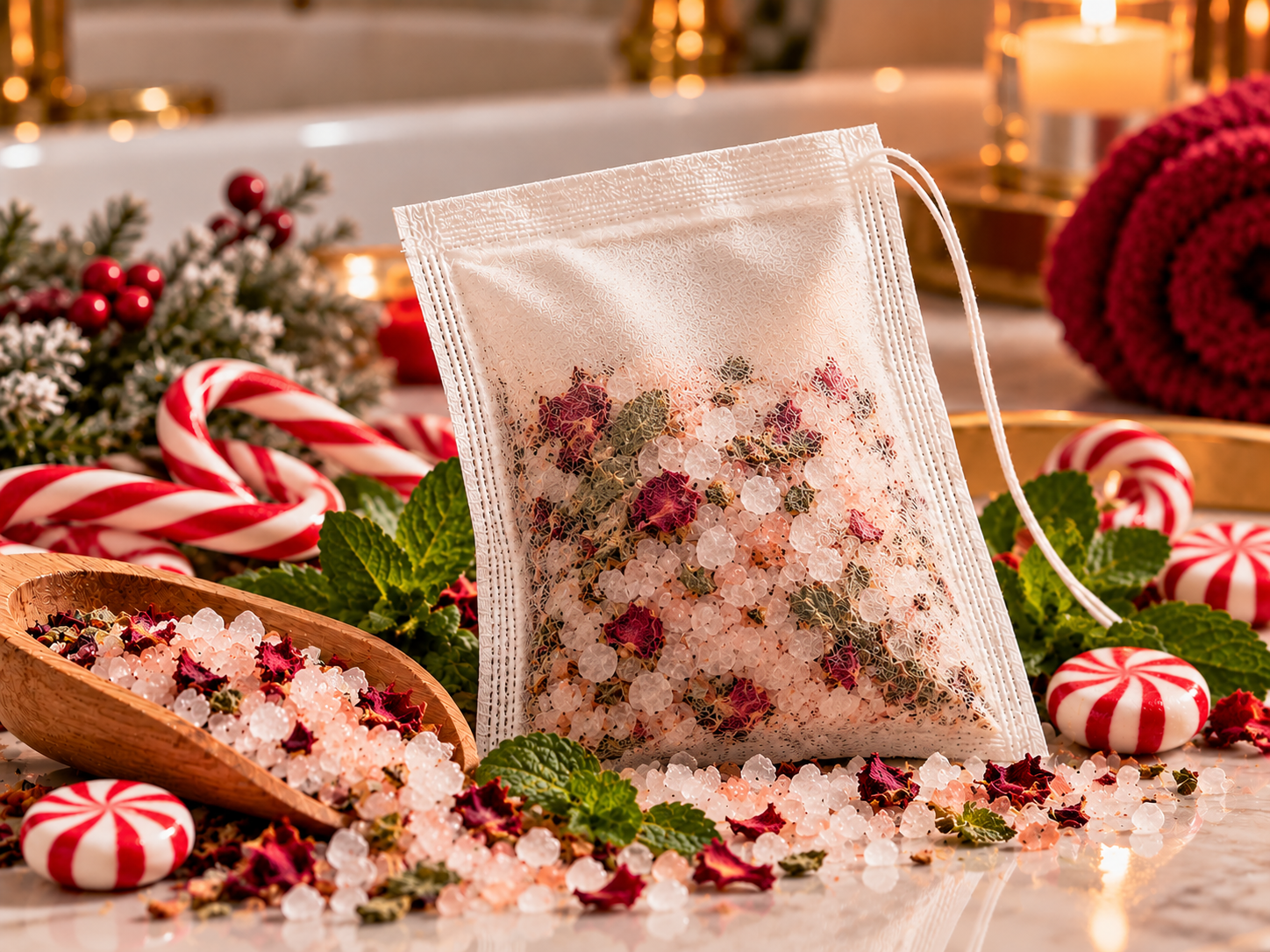 Candy Cane Bliss bath tea sachet with peppermint botanicals and mineral salts