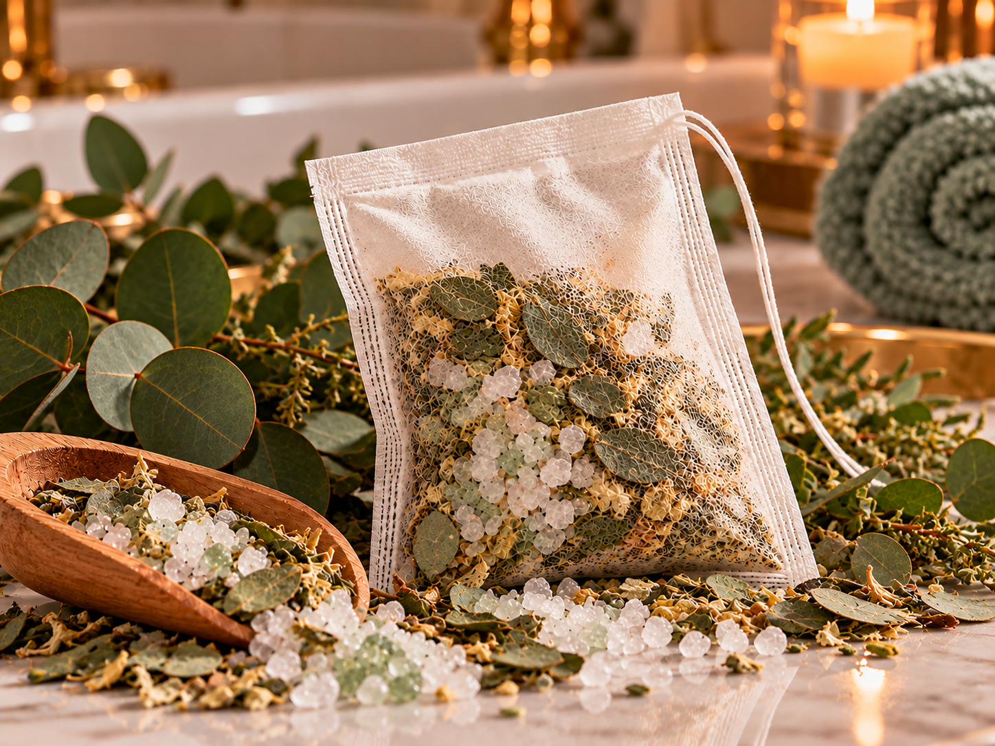 Eucalyptus Bliss bath tea sachet with eucalyptus botanicals and mineral salts