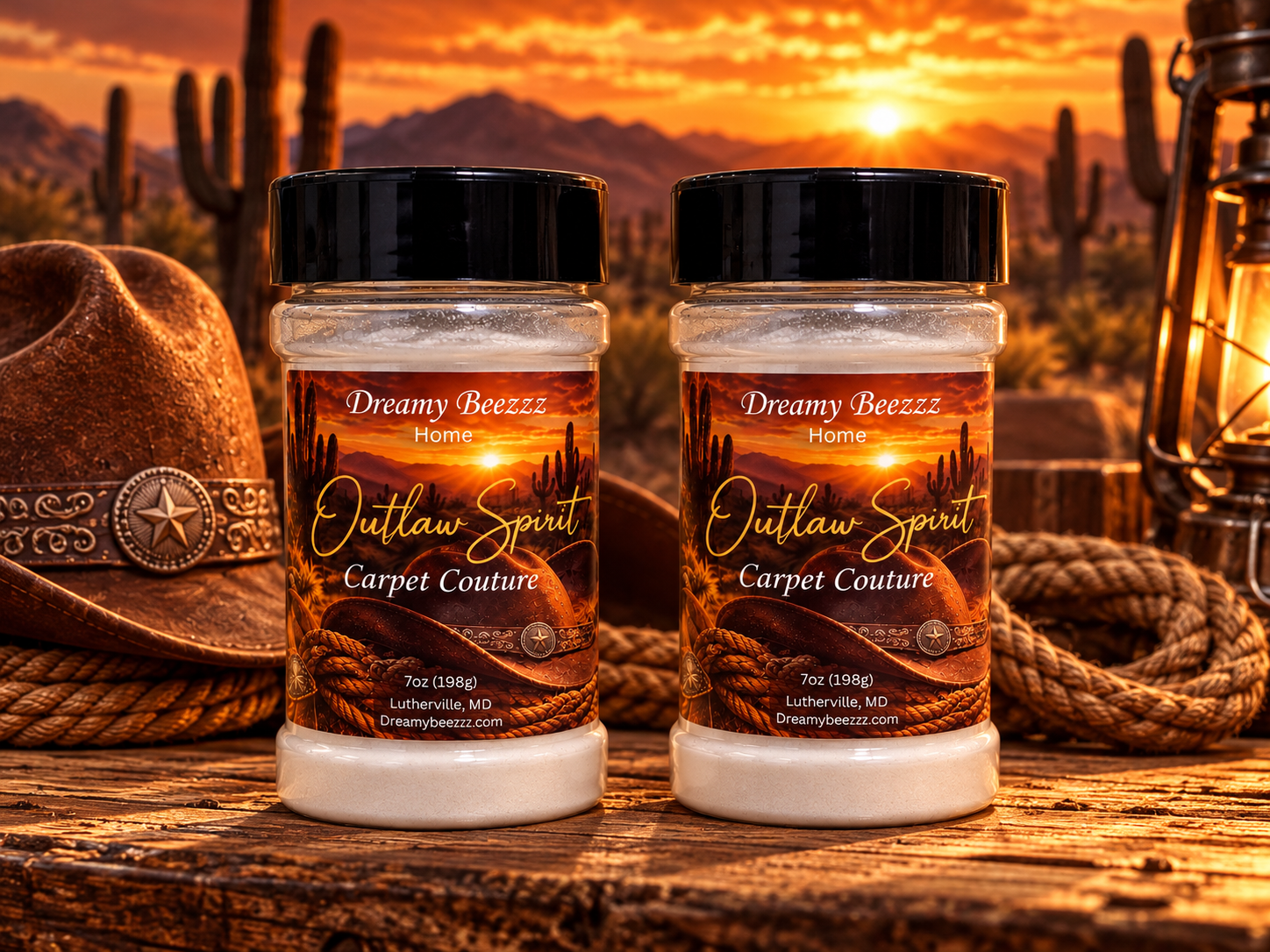 Outlaw Spirit Carpet Couture, two front-facing 7 oz powder jars in a western-inspired scene