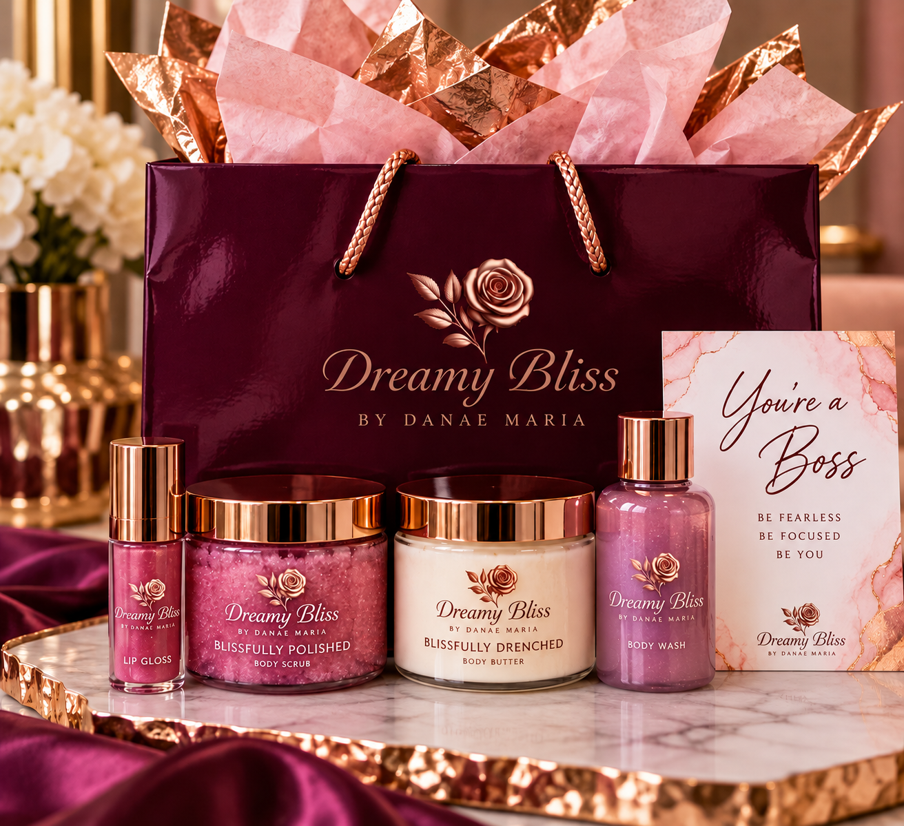 Dreamy Bliss Boss Bags Signature mini body care gift set with affirmation card