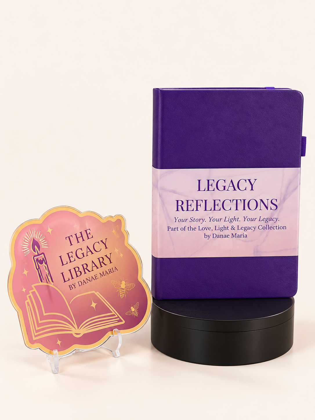 Legacy Reflections journal and Legacy Library plaque on cream background