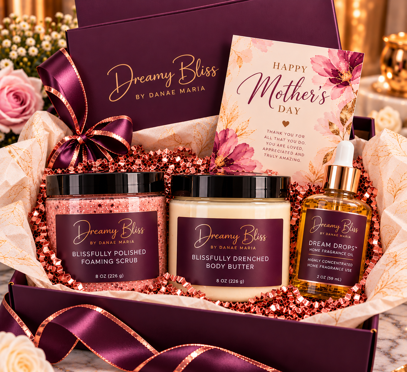 Mother's Day Bliss Gift Set concept: body scrub, body butter, Dream Drops and Mother's Day card