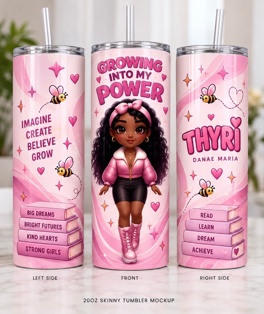 Thyri Growing Into My Power 20 oz skinny tumbler mockup showing left, front, and right sides