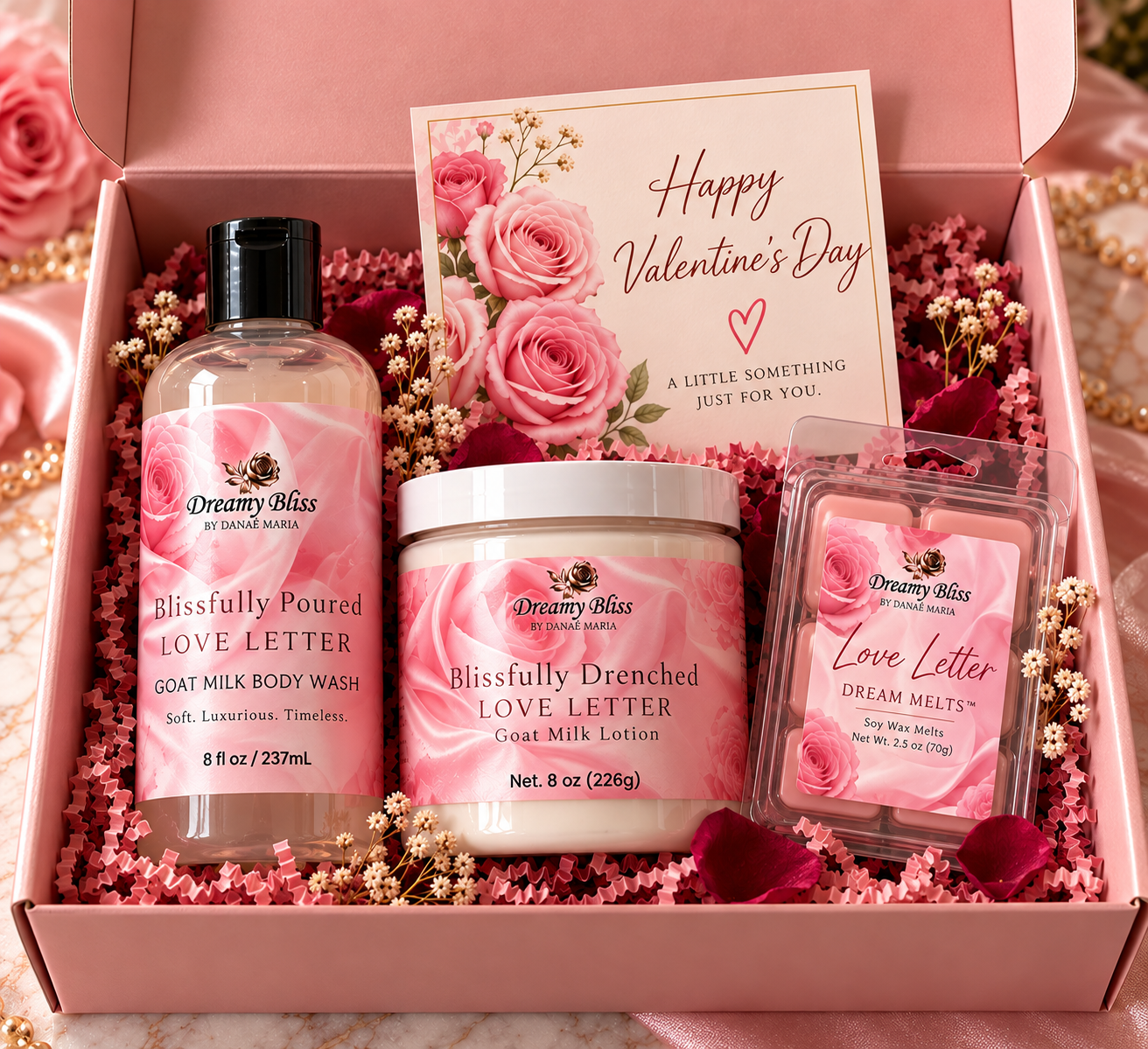 Illustrative Valentine's gift set concept without any sold-out text; actual packaging subject to change